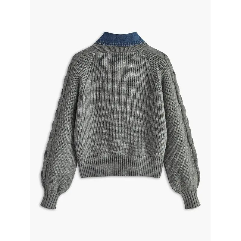 Denim Panel Ribbed Lapel Sweater