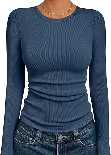 🔥6- PACK Women's Long Sleeve Blouses Shirts with Ribbed Knit Work Office Basic Tops