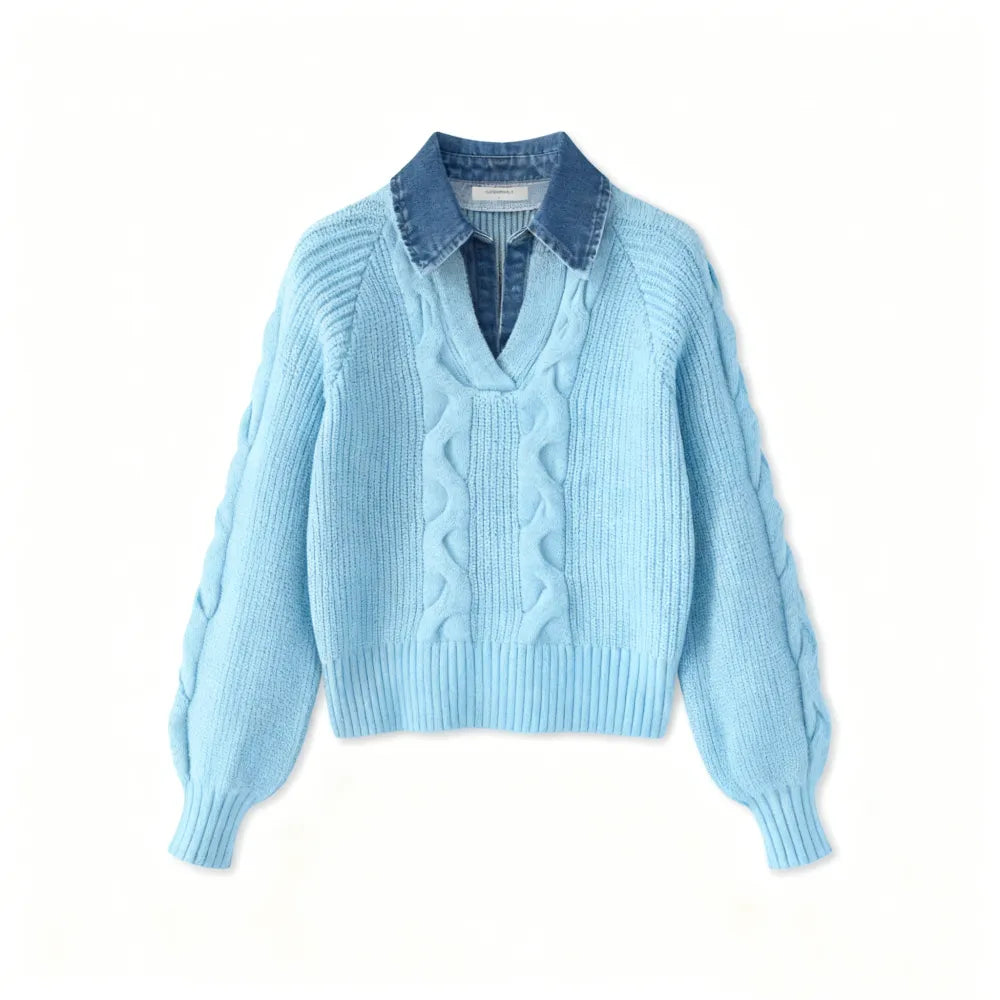 Denim Panel Ribbed Lapel Sweater