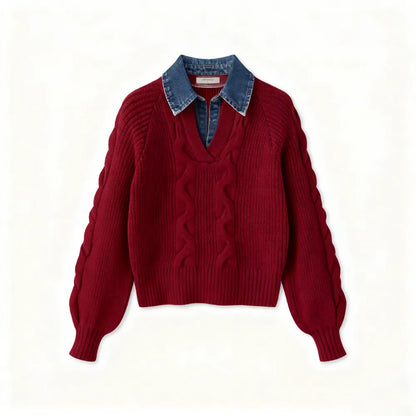 Denim Panel Ribbed Lapel Sweater