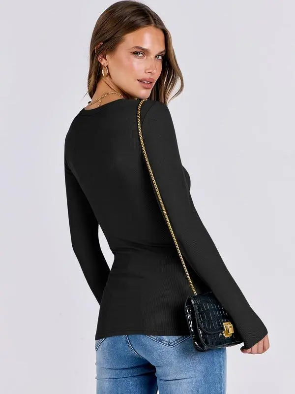 🔥6- PACK Women's Long Sleeve Blouses Shirts with Ribbed Knit Work Office Basic Tops