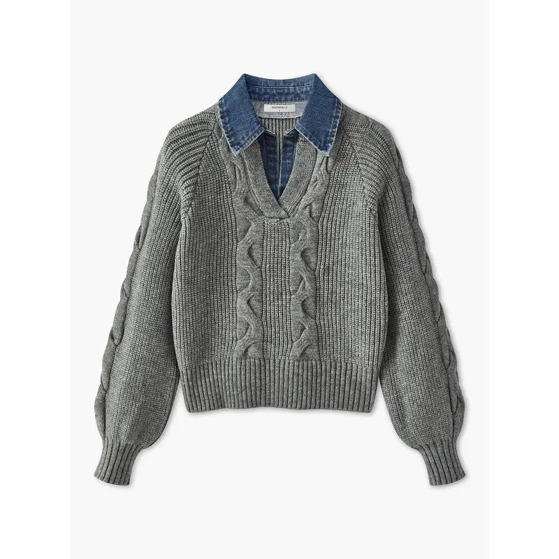 Denim Panel Ribbed Lapel Sweater