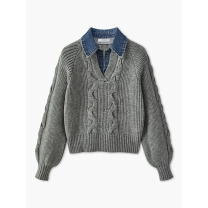 Denim Panel Ribbed Lapel Sweater