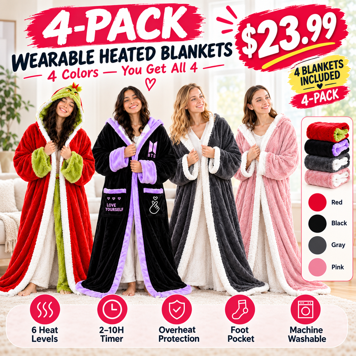 🔥Wearable Heated Blanket with Foot Pocket Sherpa🔥Overheat Protection & Auto Shut-Off