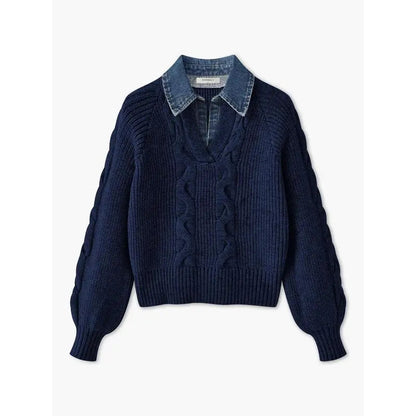 Denim Panel Ribbed Lapel Sweater