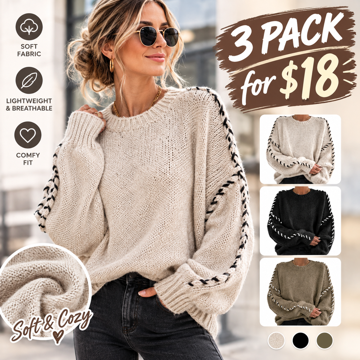 Women's Contrast Binding Drop Shoulder Sweater